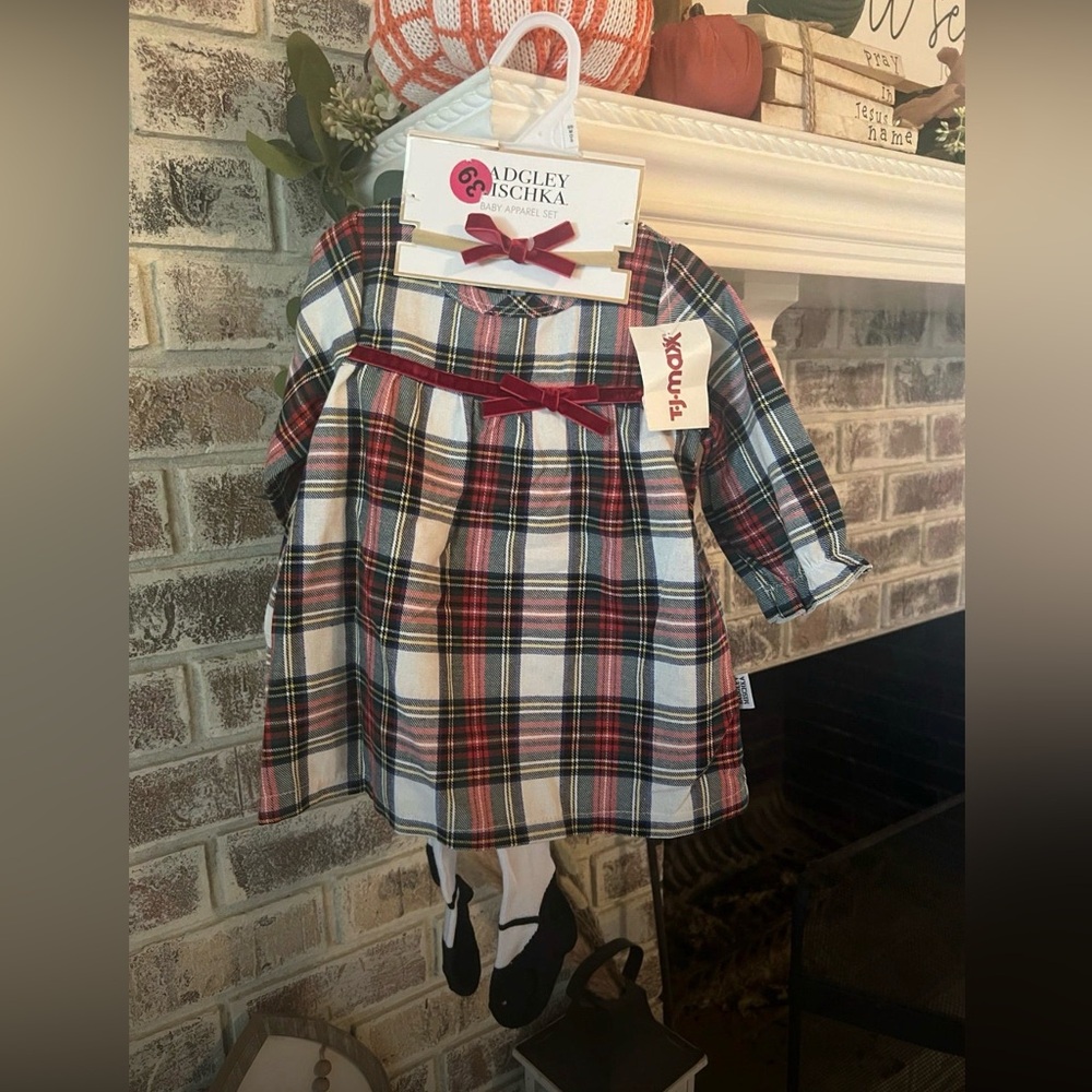 Badgley Mischka Multicolor Plaid Baby Dress with Bow